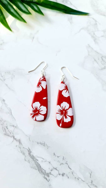 Red and White Hibiscus Flower Earrings
