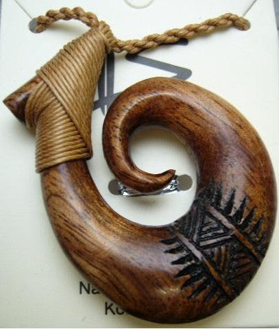 Natural Koa Wood Carved Fish Hook w Cord