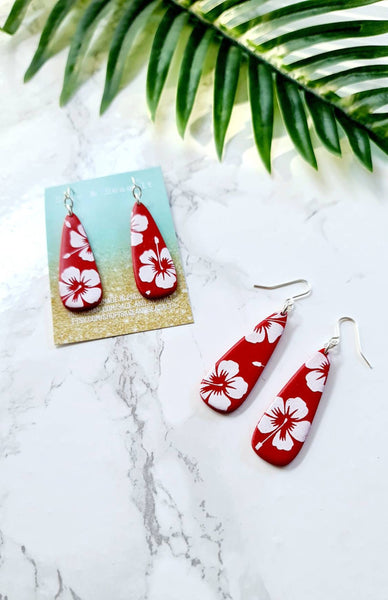 Red and White Hibiscus Flower Earrings